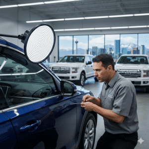 Paintless dent repair before and after on black SUV in Calgary SE